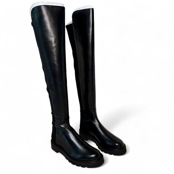 Stuart Weitzman 5050 Lift Over the Knee Flat Leather Boots Black, NEW IN BOX - 7 - Picture 1 of 16
